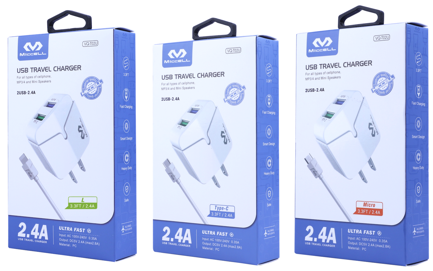 S158 Miccell Dual Travel / Wall Charger 3.3ft (VQ-T02U) Box pack (na)